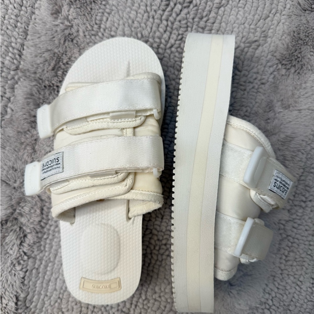 Suicoke Cream Sandals with Adjustable Straps and Platform Sole